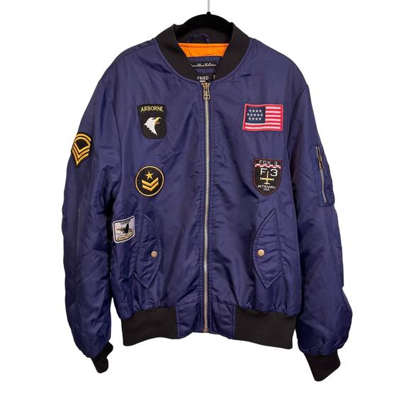 Airborne Fried Denim Bomber Jacket M Blue Flight Airplane Pilot Patches Full Zip - Picture 1 of 9